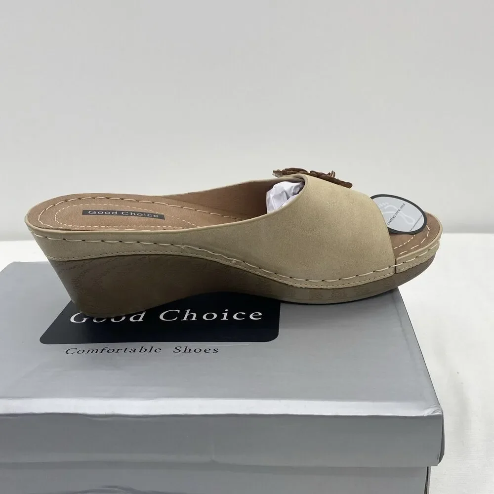 Good Choice Shoes Women's Naples Flower Wedge Sandals Size 7.5 Natural